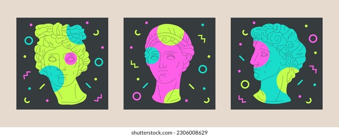 Marble greek sculpture covers. Modern ancient greek god heads. Creative antique roman statues posters isolated flat vector illustration set