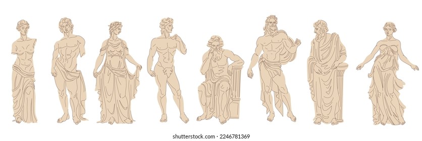 Marble greek sculptures. Statues of roman scholar or god greece mythology, ancient monuments and female statue sculptural anatomy museum art ingenious vector illustration of marble greek sculpture