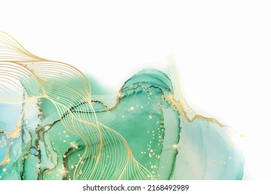 Marble green liquid watercolor background with gold wave pattern. Dusty grey emerald alcohol ink drawing effect with golden stains. Vector illustration of fluid acrylic elegant wallpaper