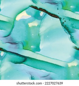 Tinta vectorial verde de mármol. Acuarela De Mármol Foil. Fondo del Resumen del Oro. Acuarela de color de agua de cobre. Pintura de arte azul. Patrón elegante fluido. Lienzo de tinta de alcohol de lujo. Plantilla moderna sin inconvenientes.