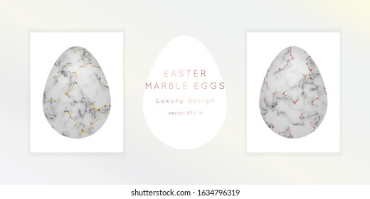 Marble Happy Easter eggs set.Spring Holiday Art Deco classy design.Vector 3d shaped modern illustration.Luxury rose gold foil Egg Hunt elements.Greeting cards bundle.