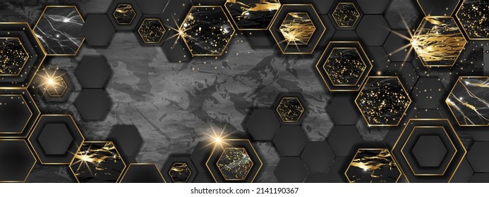 Marble Hexagon Pattern, Marble Abstract Background, Vector Texture Design Tiles, Golden Luxury Floor. Black Honeycomb Print, Interior Architecture Surface, Stone Geometric Backdrop. Marble Hexagon