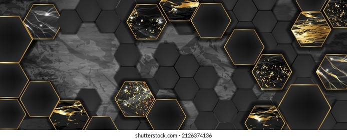 Marble Hexagon Pattern, Vector Texture Design Tiles, Marble Abstract Background, Golden Luxury Floor. Black Honeycomb Print, Stone Geometric Backdrop, Interior Architecture Surface. Marble Hexagon