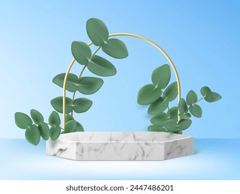 Marble hexagon product podium with green leaf branches and arch decoration in room with pastel blue wall and floor. Realistic vector 3d mockup of white and gray stone goods display stage or platform.