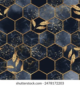 Marble hexagon seamless texture with golden leaves. Abstract background;