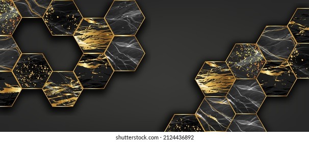 Marble Hexagon Tile Background, Abstract Honeycomb Terrazzo Wall, Vector Black Gold Geometric Pattern. Marble Hexagon Interior Backdrop. Luxury Stone Mosaic Design Elegant Architecture Polygon Surface