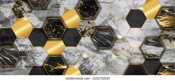 Marble Hexagon Tile Background, Glitter Decoration, Golden Vector Stone Texture Abstract Wallpaper. Black Honeycomb Wall Print, Mosaic Elegant Geometric Backdrop. Architecture Hexagon Marble Wall