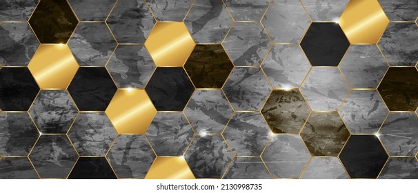 Marble Hexagon Tile Background, Golden Glitter Decoration, Vector Stone Texture Abstract Wallpaper. Mosaic Geometric Elegant Backdrop, Black Honeycomb Wall Print. Architecture Marble Hexagon Wall