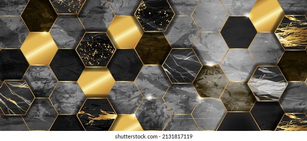 Marble Hexagon Tile Background, Golden Vector Stone Texture Abstract Wallpaper, Glitter Decoration. Mosaic Elegant Geometric Backdrop, Black Honeycomb Wall Print. Architecture Hexagon Marble Wall