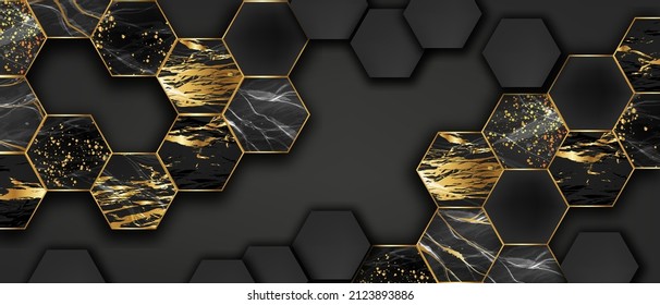 Fondo hexagonal de mármol, patrón geométrico de oro negro vector, pared de terrazo de abeja abstracta. Diseño de mosaico de piedra de lujo y elegante arquitectura de superficie de polígono. Fondo interior de hexágono de mármol