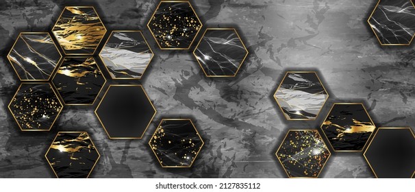 Marble Hexagon Tile Background, Vector Stone Texture Abstract Wallpaper, Golden Glitter Decoration. Black Honeycomb Wall Print, Mosaic Geometric Elegant Backdrop. Architecture Marble Hexagon Wall