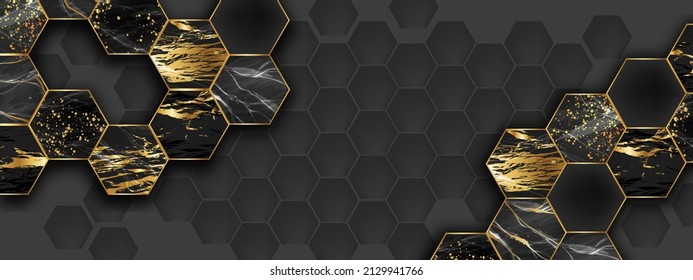 Marble Hexagon Tile Background, Vector Black Gold Honeycomb Texture Print, Geometric Abstract Banner. Modern Luxury Sparkling Architecture Backdrop, Mosaic Decorative Interior Design. Marble Hexagon