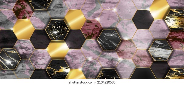 Marble hexagon tile background, vector golden geometric abstract texture, pink stone rock print. Floor honeycomb modern backdrop, shiny flares, architecture ceramic surface. Marble hexagon mosaic