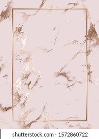 Marble holiday design background with frame and rose gold foil texture.