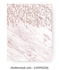 Marble holiday invitation card with rose gold glitter falling confetti.