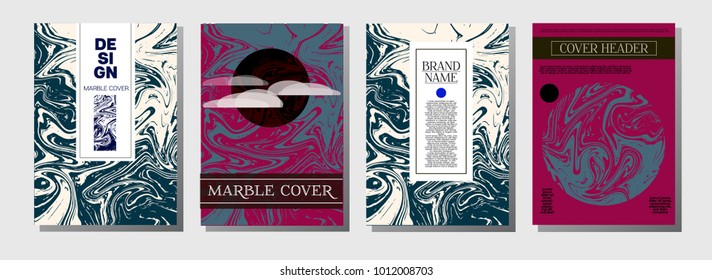 Marble Ink Texture Cover Collection. A4 Vector Liquid Paint Ebru Background. Orange, Brown, Green Business Marble Ink Texture Cover Set Neutral Faded Colors, Corporate Identity. Liquid Paint Splash