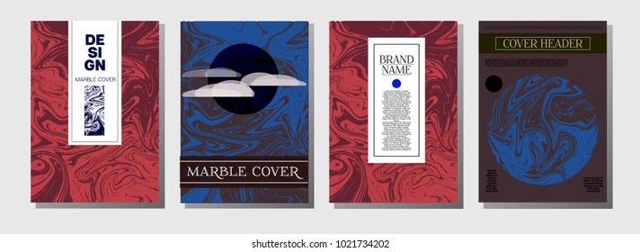 Marble Ink Texture Cover Collection. A4 Vector Liquid Paint Ebru Background. Orange Brown, Green Corporate Marble Ink Texture Cover Set Neutral Faded Colors, Hipster Music Poster. Funky Liquid Paint