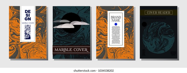 Marble Ink Texture Cover Collection. A4 Vector Liquid Paint Ebru Background. Orange, Brown, Green, Trendy Marble Ink Texture Cover Set. Neutral Faded Colors, Modern Paper Texture. Funky Paint Splash