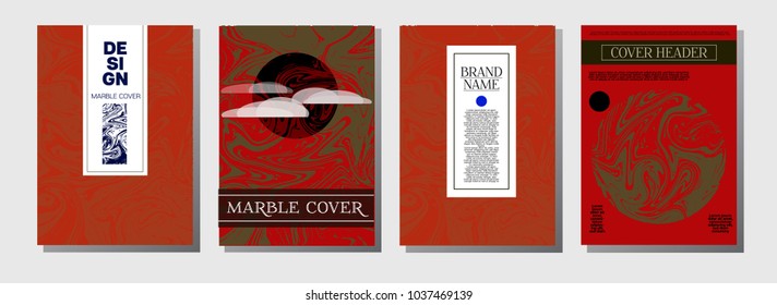 Marble Ink Texture Cover Collection. A4 Vector Liquid Paint Ebru Background. Orange Brown, Green Corporate Marble Ink Texture Cover Set Neutral Faded Colors, Trendy Paper Texture. Liquid Paint Ebru.