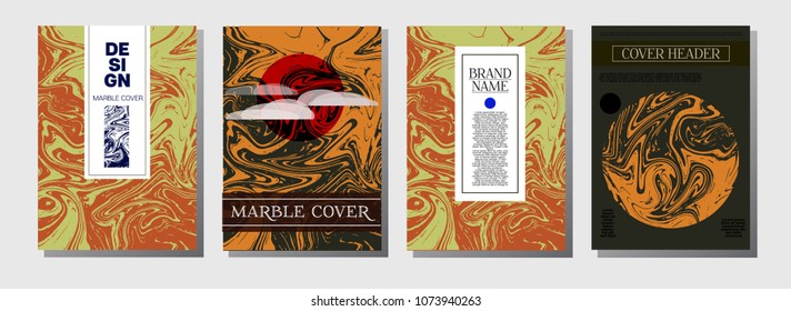 Marble Ink Texture Cover Collection. A4 Vector Liquid Paint Ebru Background. Orange, Brown, Green, Trendy Marble Ink Texture Cover Set. Neutral Faded Colors, Hipster Music Poster. Liquid Paint Splash
