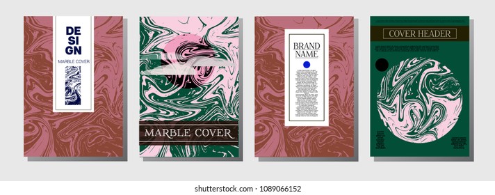 Marble Ink Texture Cover Collection. A4 Vector Liquid Paint Ebru Background. Orange Brown, Green Corporate Marble Ink Texture Cover Set Neutral Faded Colors, Modern Paper Texture. Funky Liquid Paint