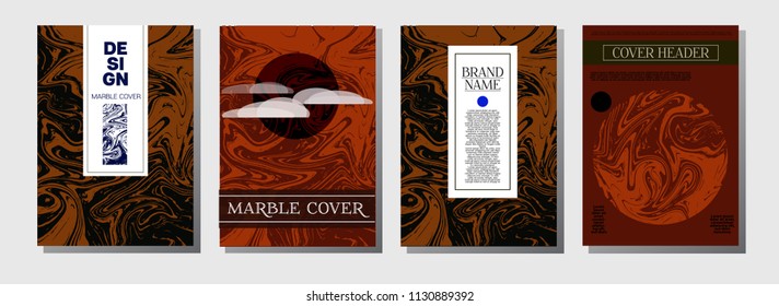 Marble Ink Texture Cover Collection. A4 Vector Liquid Paint Journal Template. Orange Brown, Green Corporate Marble Ink Texture Cover Set Natural Colors, Hipster Party Poster Design Suminagashi Ebru.