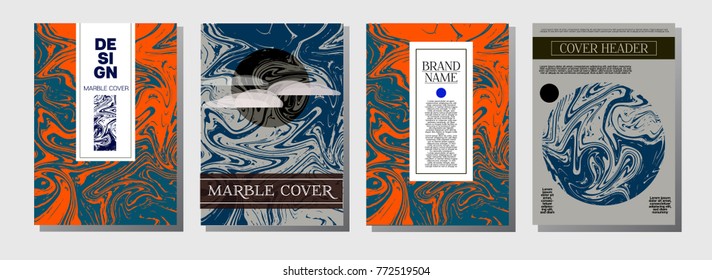 Marble Ink Texture Cover Collection. A4 Vector Liquid Paint Ebru Background. Orange, Brown, Green, Yellow Marble Ink Texture Cover Set. Natural Colors, Hipster Party Poster Design Liquid Paint Ebru.