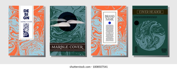 Marble Ink Texture Cover Templates. A4 Vector Liquid Paint Ebru Background. Orange, Brown, Green Business Marble Ink Texture Cover Set Neutral Faded Colors, Corporate Identity. Funky Paint Splash