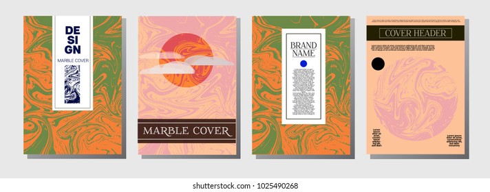 Marble Ink Texture Cover Templates. A4 Vector Liquid Paint Journal Template. Orange, Brown, Green Business Marble Ink Texture Cover Set Neutral Faded Colors, Hipster Music Poster. Funky Paint Splash