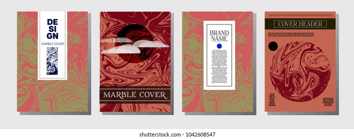 Marble Ink Texture Cover Templates. A4 Vector Liquid Paint Journal Template. Orange Brown, Green Corporate Marble Ink Texture Cover Set Neutral Faded Colors, Hipster Music Poster. Liquid Paint Ebru.