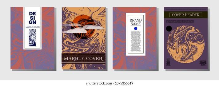 Marble Ink Texture Cover Templates. A4 Vector Liquid Paint Ebru Background. Orange, Brown, Green, Trendy Marble Ink Texture Cover Set. Neutral Faded Colors, Corporate Identity. Liquid Paint Ebru.