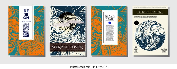 Marble Ink Texture Cover Templates. A4 Vector Liquid Paint Ebru Background. Orange, Brown, Green, Yellow Marble Ink Texture Cover Set. Neutral Faded Colors, Corporate Identity. Liquid Paint Ebru.
