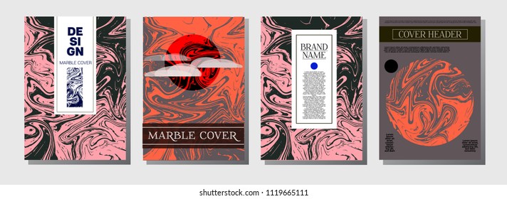 Marble Ink Texture Cover Templates. A4 Vector Liquid Paint Ebru Background. Orange Brown, Green Corporate Marble Ink Texture Cover Set Neutral Faded Colors, Corporate Identity. Liquid Paint Splash