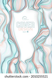 Marble, ink wave cover design, flyer vector template in blue and orange color background