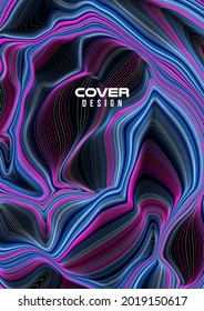 Marble, ink wave cover design, flyer vector template in blue and violet color on black background