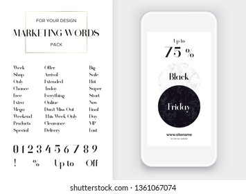 Marble Instagram Stories template. Design of Black Friday banner. Discounts up to 75 percent. As well as a set of popular marketing words and all numbers for easy text change in the template.