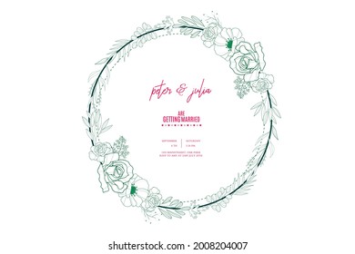 Marble invitation design card with polygonal frame surrounded by dry tropical leaves and hibiscus flower.