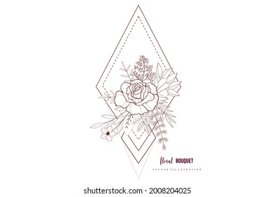 Marble invitation design card with polygonal frame surrounded by dry tropical leaves and hibiscus flower.