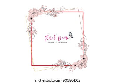 Marble invitation design card with polygonal frame surrounded by dry tropical leaves and hibiscus flower.