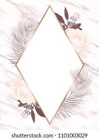 Marble invitation event background with rhombus frame surrounded by rose gold palm leaves, seeded eucalyptus and light pink peonies.