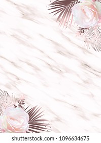 Marble invitation event template with rose gold tropical leaves and light pink flowers in corner.