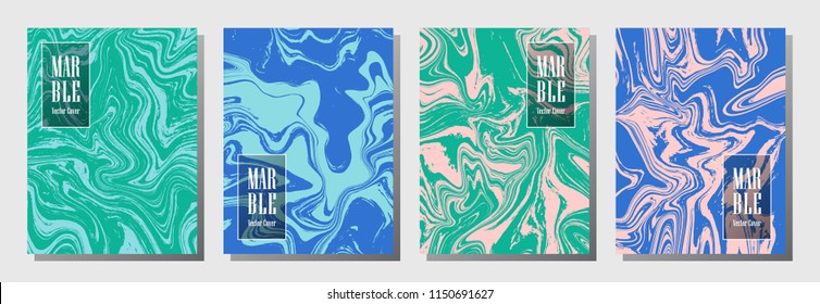 Marble journal layouts set. Graphic design for binder template, corporate flyers. Annual report cover memphis layouts set. Certificate, binder vectors, brand identity place, pink cyan blue green.