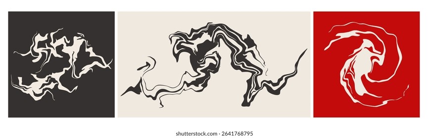 Marble, liquid, petrol stain. Swirled ink, abstract fluid set. Hand drawn modern Vector illustration. Isolated design elements. Print, poster, flyer, tattoo flash, logo, icon templates