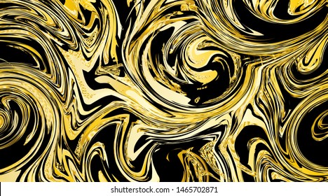 Marble liquid texture. Gold, white, yellow, black ink. Watercolor spots. Vector illustration