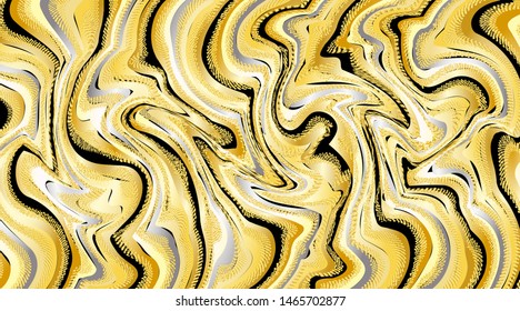Marble liquid texture. Gold, white, yellow, black ink. Watercolor spots. Metallic effect. Vector illustration