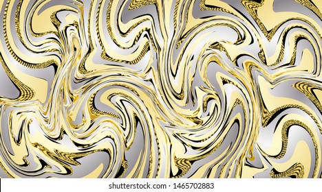 Marble liquid texture. Gold, white, yellow, black ink. Watercolor spots. Metallic effect. Vector illustration