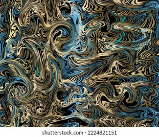 Marble moderno de fondo 3d. Fondo ornamentado de superficie fluida. Ornamentos decorativos de fantasía con remolinos azules de oro, curvas, fluidos, olas, líneas líquidas. Marco ornamental de mármol moderno.
