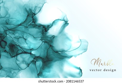 Marble textura moderna en color azul. Tinta de alcohol salpicada con puntos aislados de lámina de oro. Diseño de afiches pastel de moda. Arte de flujo líquido