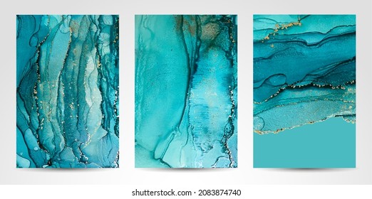 Marble Modern texture in blue color. Alcohol ink splash with isolated gold foil dots. Trendy poster design. Liquid flow art