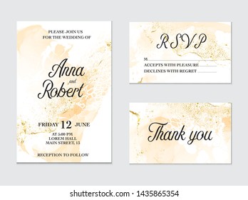 Marble Modern texture in yellow beige color. Alcohol ink wedding decoration with ink splash isolated white dots. Modern advertising  poster design. Liquid flow art, invitation, thank you card, rsvp